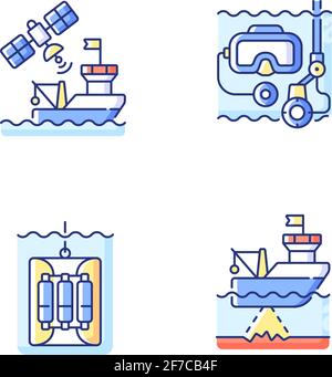 Set di icone a colori RGB per l'esplorazione marina Illustrazione Vettoriale