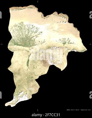 Balkh, provincia dell'Afghanistan. Immagini satellitari Sentinel-2. Forma isolata su nero. Descrizione, ubicazione della capitale. Contiene Coperni modificati Foto Stock