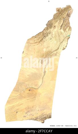 Hilmand, provincia dell'Afghanistan. Immagini satellitari Sentinel-2. Forma isolata su bianco. Descrizione, ubicazione della capitale. Contiene la copiatrice modificata Foto Stock