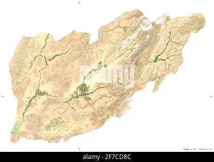 Uruzgan, provincia dell'Afghanistan. Immagini satellitari Sentinel-2. Forma isolata su bianco. Descrizione, ubicazione della capitale. Contiene la copiatrice modificata Foto Stock