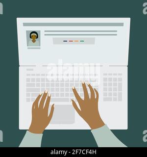 Human si sta registrando sul sito Web. Uomo e donna in cerca di lavoro freelance. Mani umane sulla tastiera di un computer portatile. Vista dall'alto. Illustratore vettore isolato Illustrazione Vettoriale
