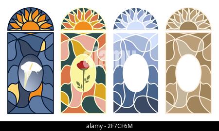 Finestra in vetro colorato. Set di motivi a mosaico multicolore. Illustrazione vettoriale isolata su sfondo bianco Illustrazione Vettoriale