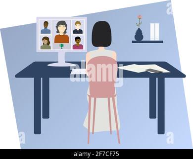 Concetto di lavoro e studio a casa. Videoconferenza. Gruppo di persone per riunioni online. Illustrazione vettoriale isolata su sfondo bianco Illustrazione Vettoriale