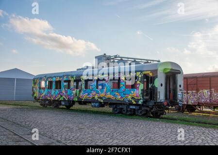 01 aprile 2021, Sassonia-Anhalt, Magdeburgo: Nel Porto della Scienza c'è un carro ferroviario spruzzato di graffiti. Dietro di esso, si può vedere un treno merci scartato. L'associazione 'Magdeburger Eisenbahnfreunde' si è posta l'obiettivo di ripristinare e quindi preservare tali carri e vecchie locomotive. Foto: Stephan Schulz/dpa-Zentralbild/ZB Foto Stock