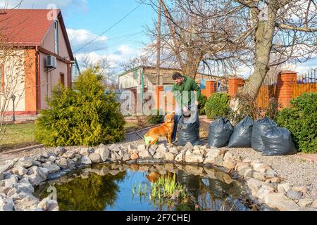 L'uomo pulisce un laghetto del giardino dalle foglie e dai luoghi cadenti in un sacchetto di spazzatura Foto Stock