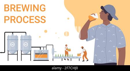Birra artigianale, processo di produzione e confezionamento in birreria, birra giovane uomo personaggio bere Illustrazione Vettoriale