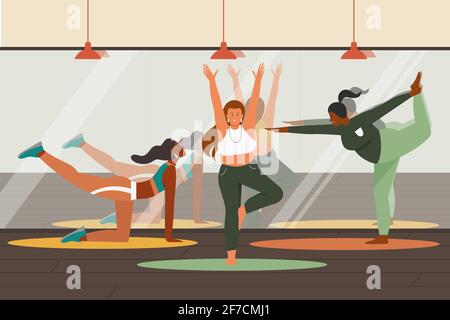 Le persone che fanno esercizi di yoga in palestra, esercizi e meditazione con istruttore Illustrazione Vettoriale