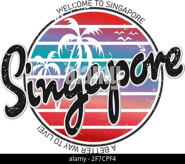 Illustrazione vettoriale estiva di Singapore. Immagine rotonda, piatta e colorata. Perfetto per post, articolo, adesivi, t-shirt e tazze Illustrazione Vettoriale