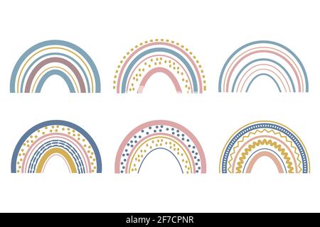 Carino baby boho arcobaleno in stile scandinavo, bella decorazione isolato su sfondo bianco. Colori pastello, baby doccia, vivaio. Illustrazione vettoriale Illustrazione Vettoriale