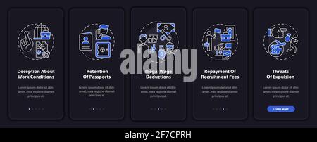 Violazione dei diritti dei lavoratori migranti onboarding schermata della pagina dell'app mobile con concetti Illustrazione Vettoriale