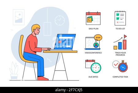 Gestione delle attività - poster colorato in stile design piatto con elementi di linea e icone tematiche. Un manager maschile che lavora alla scrivania con un computer portatile. Piano giornaliero, Illustrazione Vettoriale