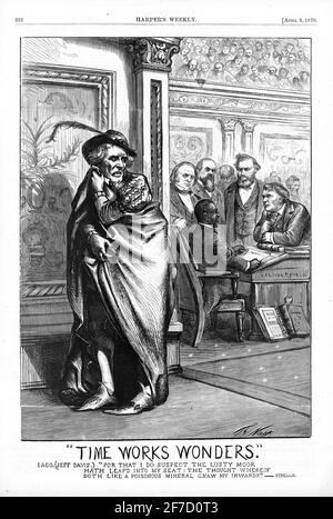 Thomas Nast, cartoon del 1870 aprile nel settimanale di Harper, raffigurante il politico confederato Jefferson Davis, come Iago di Shakespeare. L'illustrazione ha il titolo " Time Works Wonders". Foto Stock