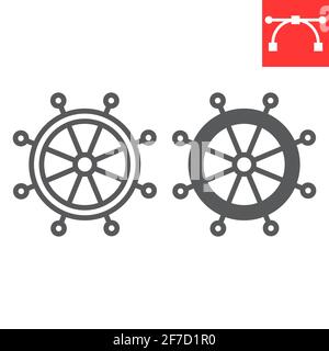 Linea e icona glifo del volante della nave, ruota dell'imbarcazione e oceano, icona del vettore del timone, grafica vettoriale, segno del contorno del tratto modificabile, eps 10. Illustrazione Vettoriale