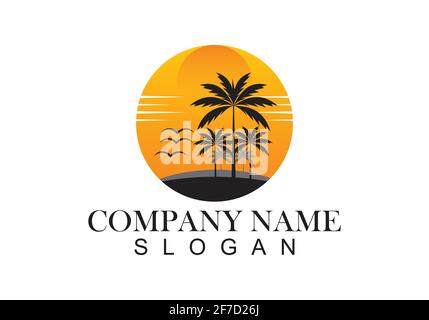 Illustrazione del modello vettoriale del disegno del logo estivo di Palm tree. Illustrazione Vettoriale