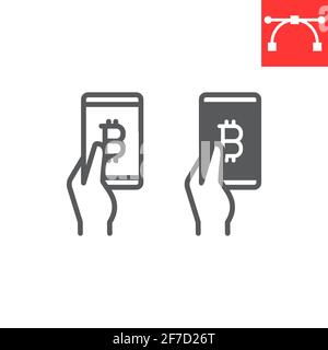 Bitcoin mobile pay line e icona glifo, pagamento e pagamento con bitcoin, mano che tiene icona smartphone, grafica vettoriale, segno tratto modificabile contorno, eps Illustrazione Vettoriale