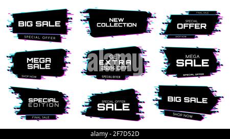 Etichette di vendita con effetto glitch, icone vettoriali Illustrazione Vettoriale
