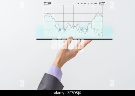 La mano dell'uomo d'affari tiene una visualizzazione del grafico di riserva in uno schermo visivo. Mostra segni di calo delle scorte nel 2021 con un indicatore grafico. Concetti di Foto Stock