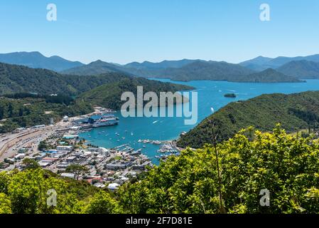 Vista panoramica al porto di Picton, Isola Sud della Nuova Zelanda Foto Stock