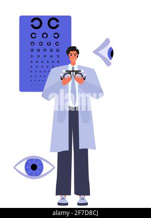 Illustrazione del test degli occhi ottici. Concetto di oftalmologia. L'oftalmologo controlla la vista del paziente. Illustrazione Vettoriale