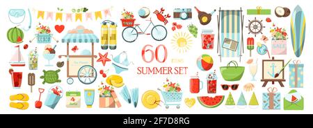 Un set estivo vettore grande. Accessori per vacanze al mare. Disegno piano Illustrazione per annunci, web, volantini e banner. Set di icone cartoni animati Illustrazione Vettoriale