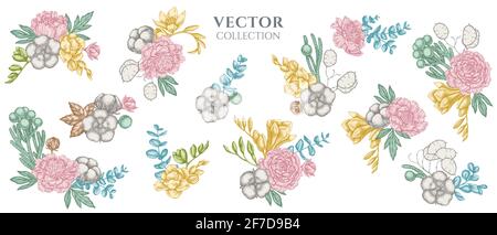 Bouquet di fiori di fico pastello, eucalipto, peonia, cotone, freesia, brunia Illustrazione Vettoriale