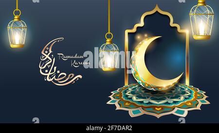 Bellissimo Ramadan Kareem islamic saluto design con mezzaluna luna e. mandala Foto Stock