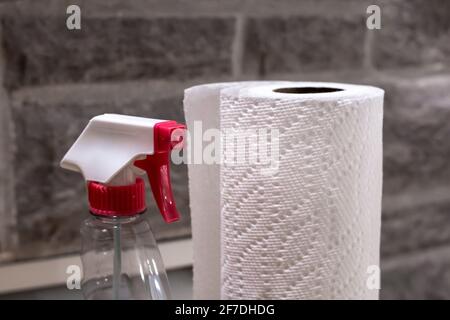 Detergente per vetri senza Brandless e un rotolo di carta assorbente sullo sfondo di mattoni, Toronto, Canada, 2021. Foto Stock