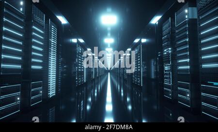Server di rete e dati dietro pannelli di vetro in una sala server. illustrazione 3d Foto Stock