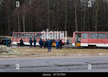 BIELORUSSIA, NOVOPOLOTSK - 17 MARZO 2021: Incidente di primo piano in tram Foto Stock