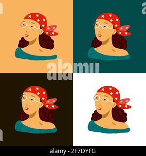 Una serie di ritratti astratti di una ragazza, ripetendo su uno sfondo diverso. Concept art a colori, poster, stampa art. Illustrazione vettoriale disegnata a mano Illustrazione Vettoriale