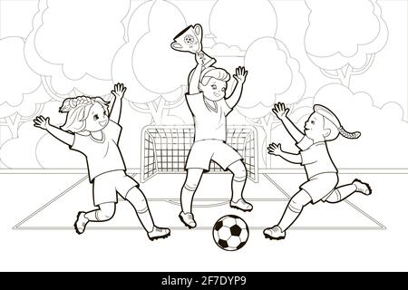 Le ragazze adolescenti giocano a calcio calciando una palla mentre corrono sul campo di calcio.illustrazione vettoriale in stile cartone animato, isolato nero e bianco linea arte Illustrazione Vettoriale