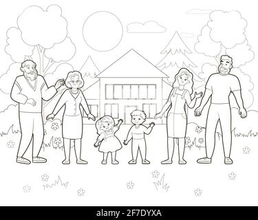 Libro da colorare: Grande famiglia felice all'aperto, sullo sfondo della casa e della foresta. Illustrazione vettoriale in stile cartoon, linee in bianco e nero Illustrazione Vettoriale