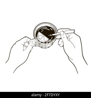 Spazzole di entrambe le mani, mescolando con un cucchiaio, tè caldo, caffè, in una tazza, vista dall'alto. Illustrazione vettoriale in stile di schizzo, disegno a linee isolate in bianco e nero Illustrazione Vettoriale