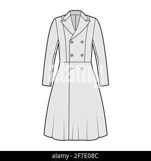 Cappotto Redingote illustrazione tecnica moda con doppio petto, calzato, maniche lunghe, collo in reverendo, lunghezza ginocchio. Mascherina anteriore piatta, colore grigio. Donne, uomini unisex top CAD mockup Illustrazione Vettoriale