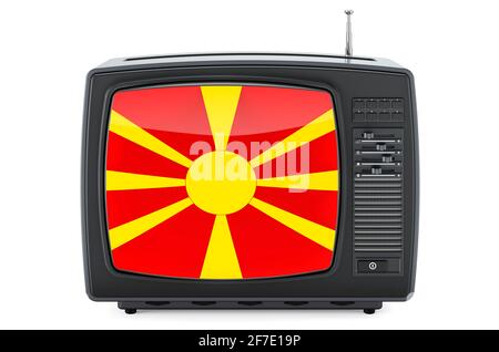 Concetto televisivo macedone. TV con bandiera di Macedonia. Rendering 3D isolato su sfondo bianco Foto Stock