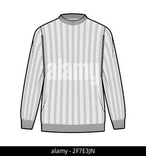 Pullover a coste illustrazione tecnica della moda con collo a costola, maniche lunghe, oversize, lunghezza dell'anca, rivestimento del polsino a maglia. Ponticello piatto davanti, colore grigio. Donne, uomini unisex CAD mockup Illustrazione Vettoriale