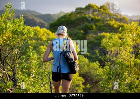 Giovane bionda che va in un'escursione mattutina a Oahu, Hawaii Foto Stock