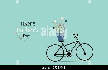 Concetto di biglietto d'auguri per il giorno dei padri con cesto di fiori selvatici su bicicletta nera. Spazio copia Illustrazione Vettoriale