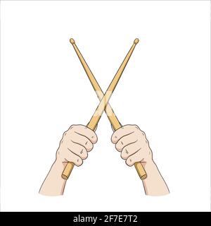 musica rock and roll concetto mano che tiene i drumsticks isolato bianco illustrazione vettoriale di sfondo Illustrazione Vettoriale