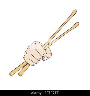 musica rock and roll concetto mano che tiene i drumsticks isolato bianco illustrazione vettoriale di sfondo Illustrazione Vettoriale