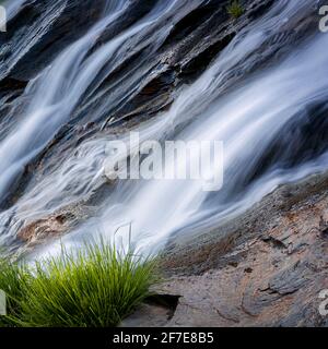 Acqua liscia lunga esposizione in una cascata con rocce e. piante Foto Stock