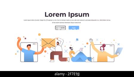 impostare mix di persone che chiacchierano durante la comunicazione online di riunioni virtuali concetto isolato orizzontale Illustrazione Vettoriale