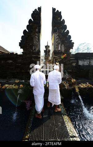 Sacerdote indù balinese che prega presso la piscina purificante del tempio Tirta Empowerl di Bali, Indonesia. Foto Stock