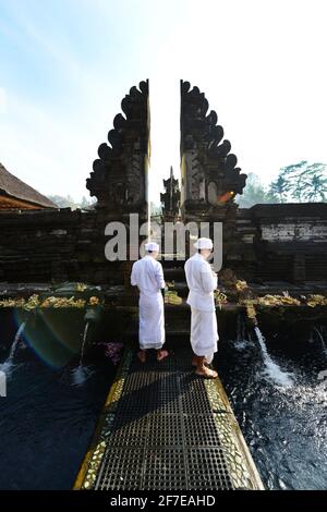 Sacerdote indù balinese che prega presso la piscina purificante del tempio Tirta Empowerl di Bali, Indonesia. Foto Stock