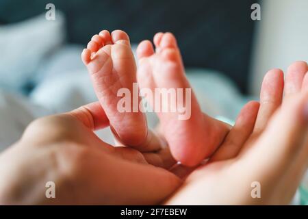 Primo piano sulle mani di donna sconosciuta che tiene i piedi di il suo bambino neonato figlio o figlia bambino del giorno - testi del concetto di amore di maternità e maternità s Foto Stock