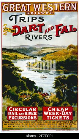 Un poster di viaggio d'epoca per i viaggi della Great Western Railway Al fiume Dart e Fal in Devon e Cornovaglia Foto Stock