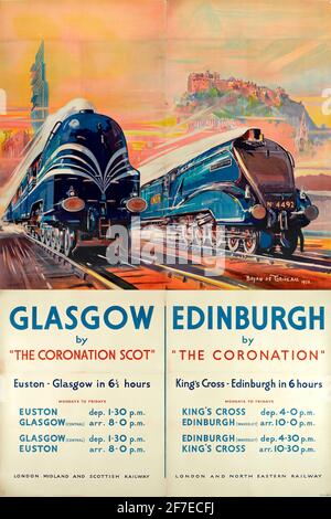 Un poster di viaggio d'epoca per il viaggio in treno in Scozia La Coronation Scot a Glasgow e la Coronation a Edimburgo Foto Stock