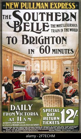 Un poster di viaggio vintage per la Belle del Sud a Brighton Sul nuovo Pullman Express Foto Stock