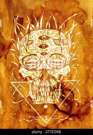 Illustrazione horror in stile testurizzato con cranio, tentacoli e motivi geometrici sacri. Sfondo mistico per Halloween, esoterico, gotico, metallo pesante Foto Stock