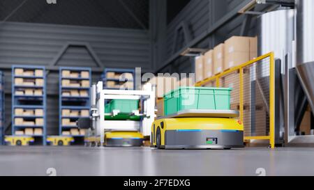 Robot che smistano in modo efficiente centinaia di pacchi all'ora (veicolo guidato automatizzato) Rendering AGV.3d Foto Stock